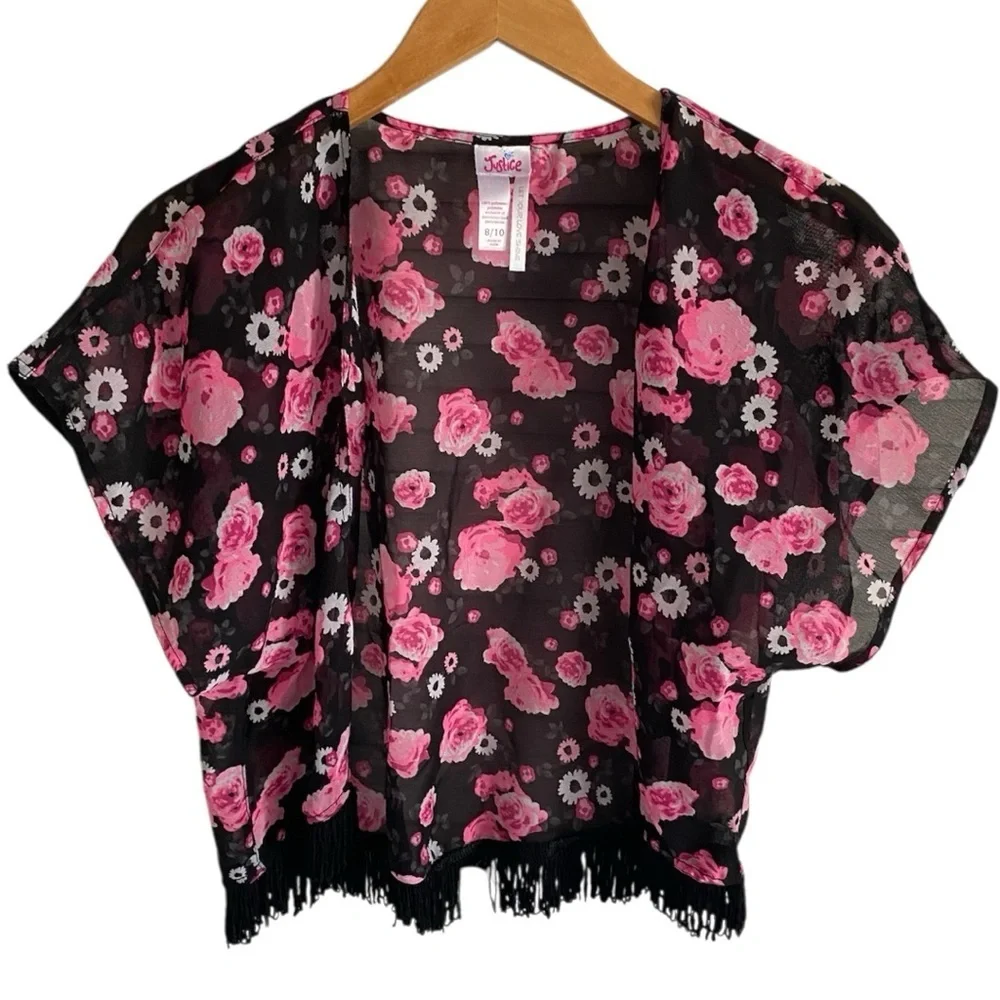 Justice Girls’ Black and Pink Floral Kimono Top with Black Fringe in Size 8/10